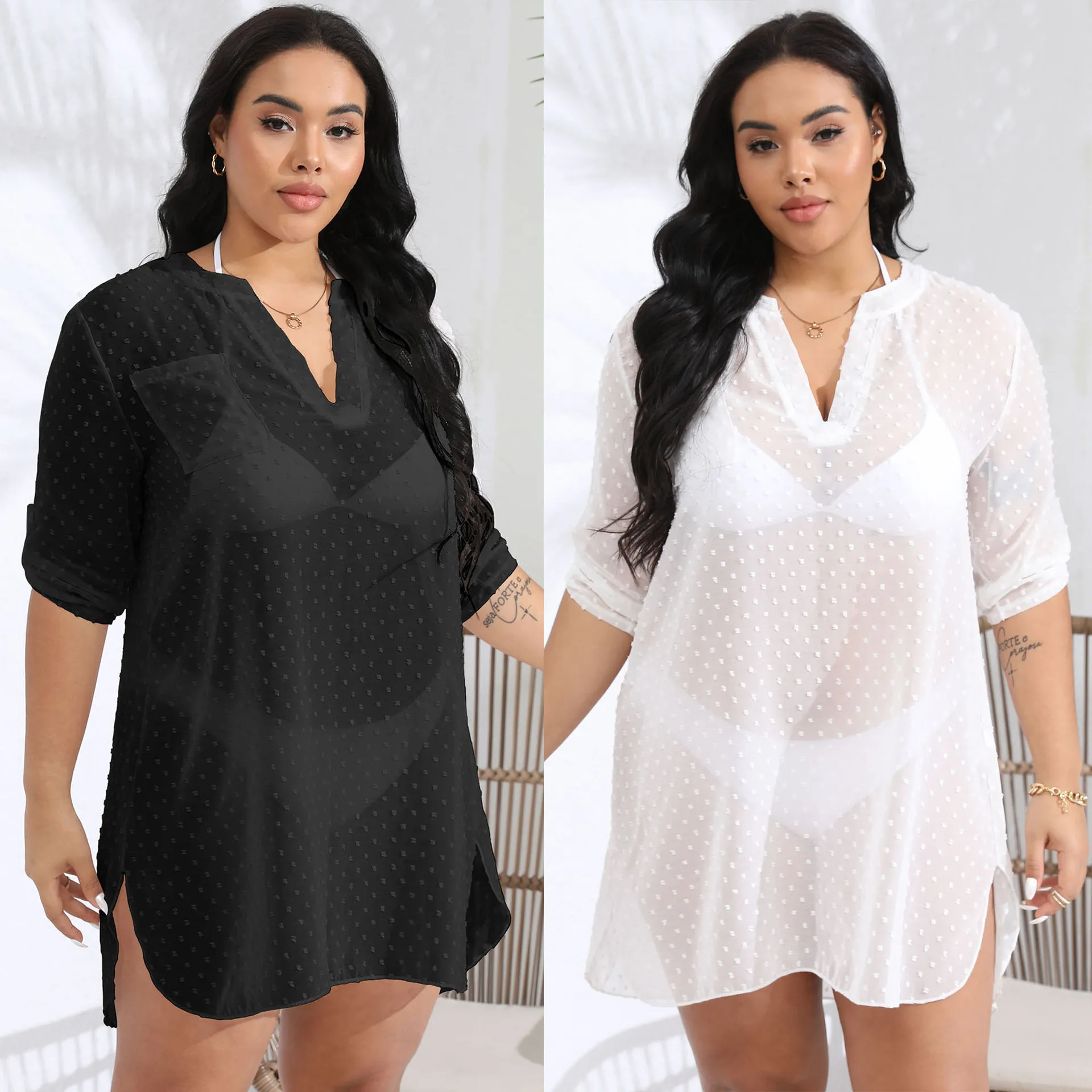 プラスサイズ オーバーサイズ シフォン ビーチ カバーアップ 女性用 ジャカード ドット V ネック カラー ビーチウェア シャツ ブラウス シースルー ポケット