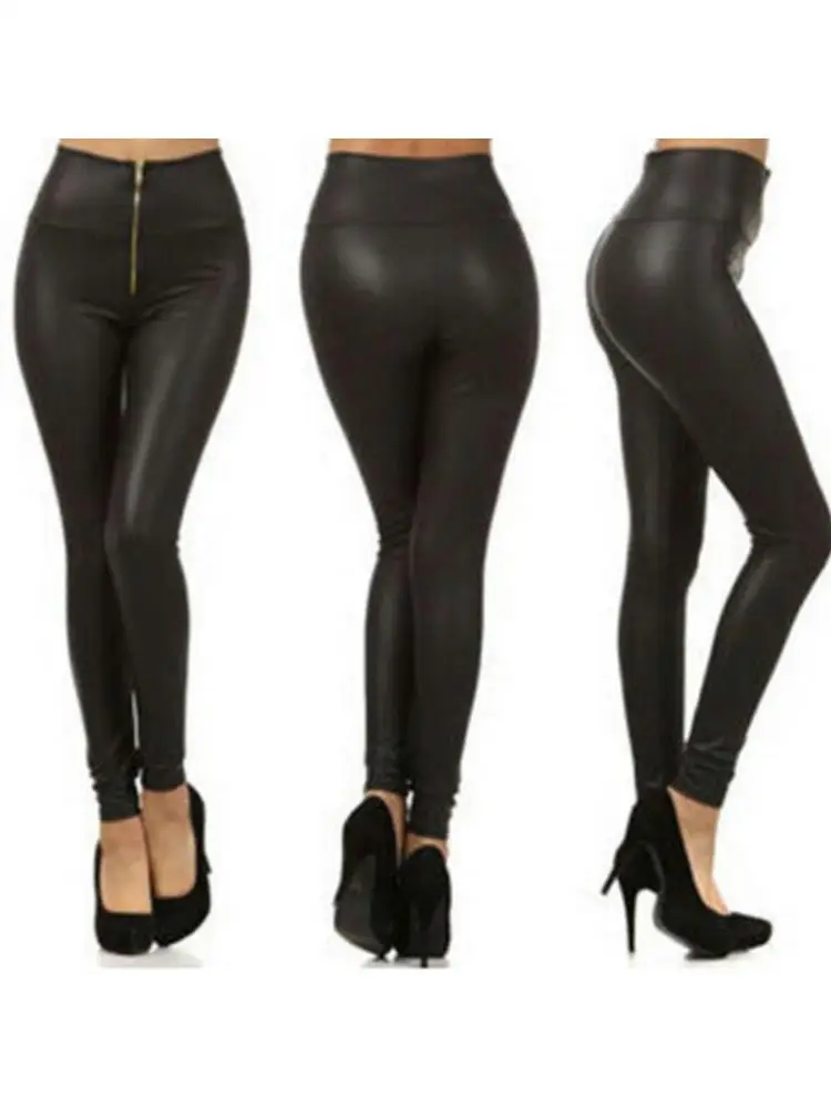 Black Sexy Pants Spring Fashion Front Zipper High Waist Imitation Leather Cropped Leggings Women Stretch Slimming Tight 2023