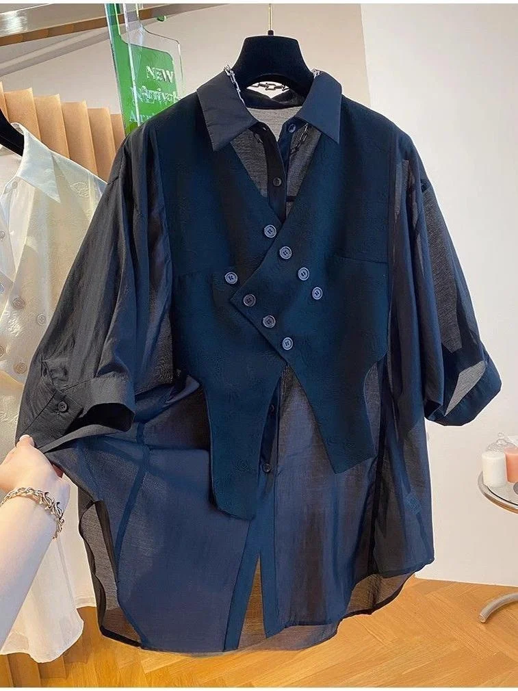 

Свободная рубашка с коротким рукавом, имитирующая двухслойность, молодежный дизайн, универсальная повседневная рубашка для больших размеров (до 300 фунтов)