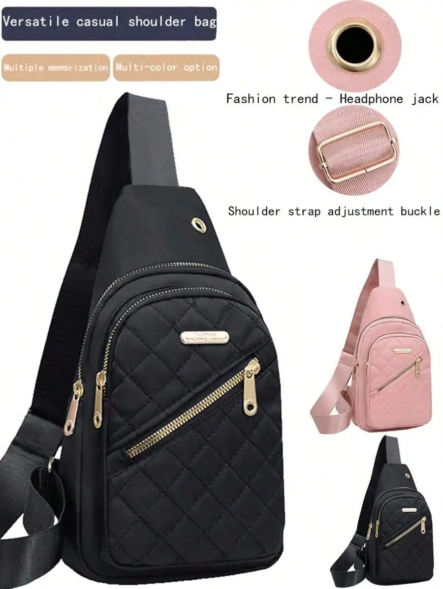 

Quilted Crossbody Sling Bag with Adjustable Strap and Headphone Jack