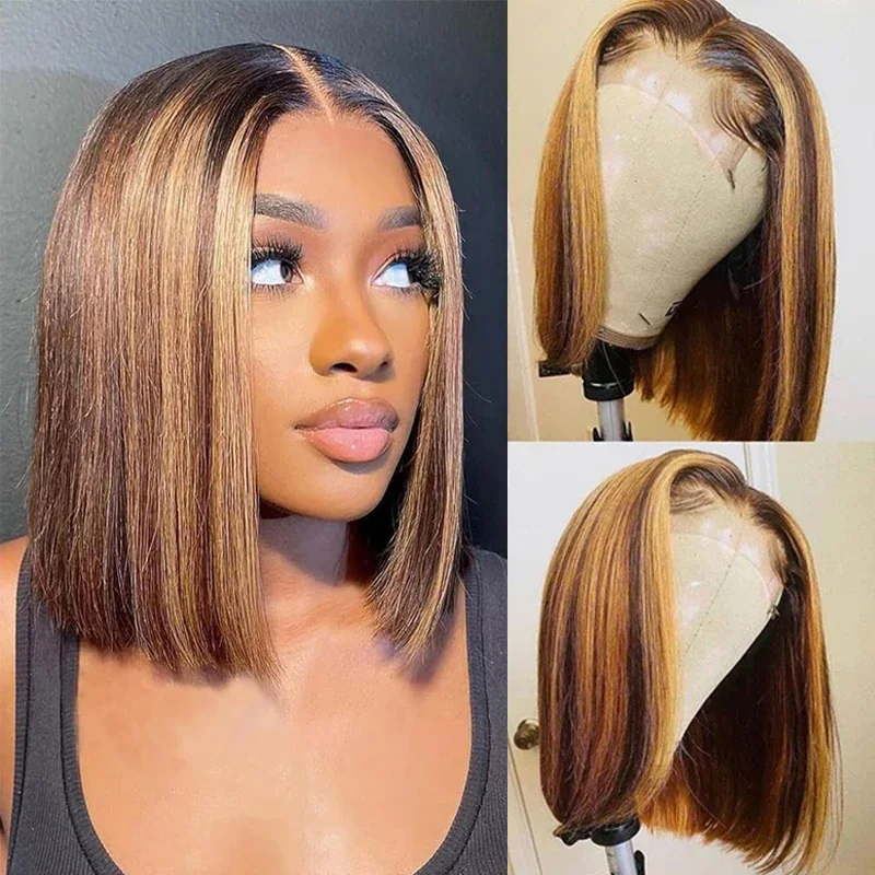 

8-14inch P4/27# 4x4inch Lace Frontal Wigs Pre Plucked Natural Hairline Wigs with Baby Hair 150% Density Short Straight Bob Wig