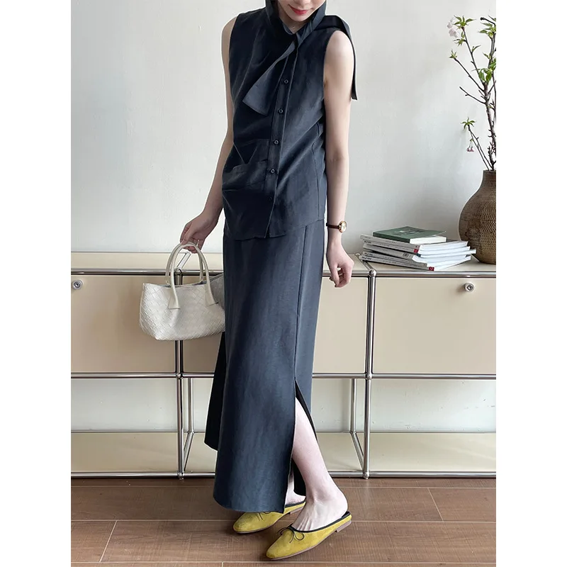 

Ribbon Sleeveless Shirt Vest + High Waist Elegant Slit Skirt Two-piece Set
