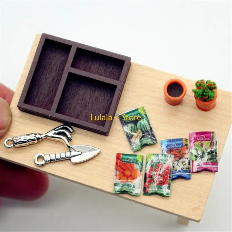 Y4QA Realistic Wooden Planter Miniature Gardening Set For 1/12 Scale Dollhouses Scene