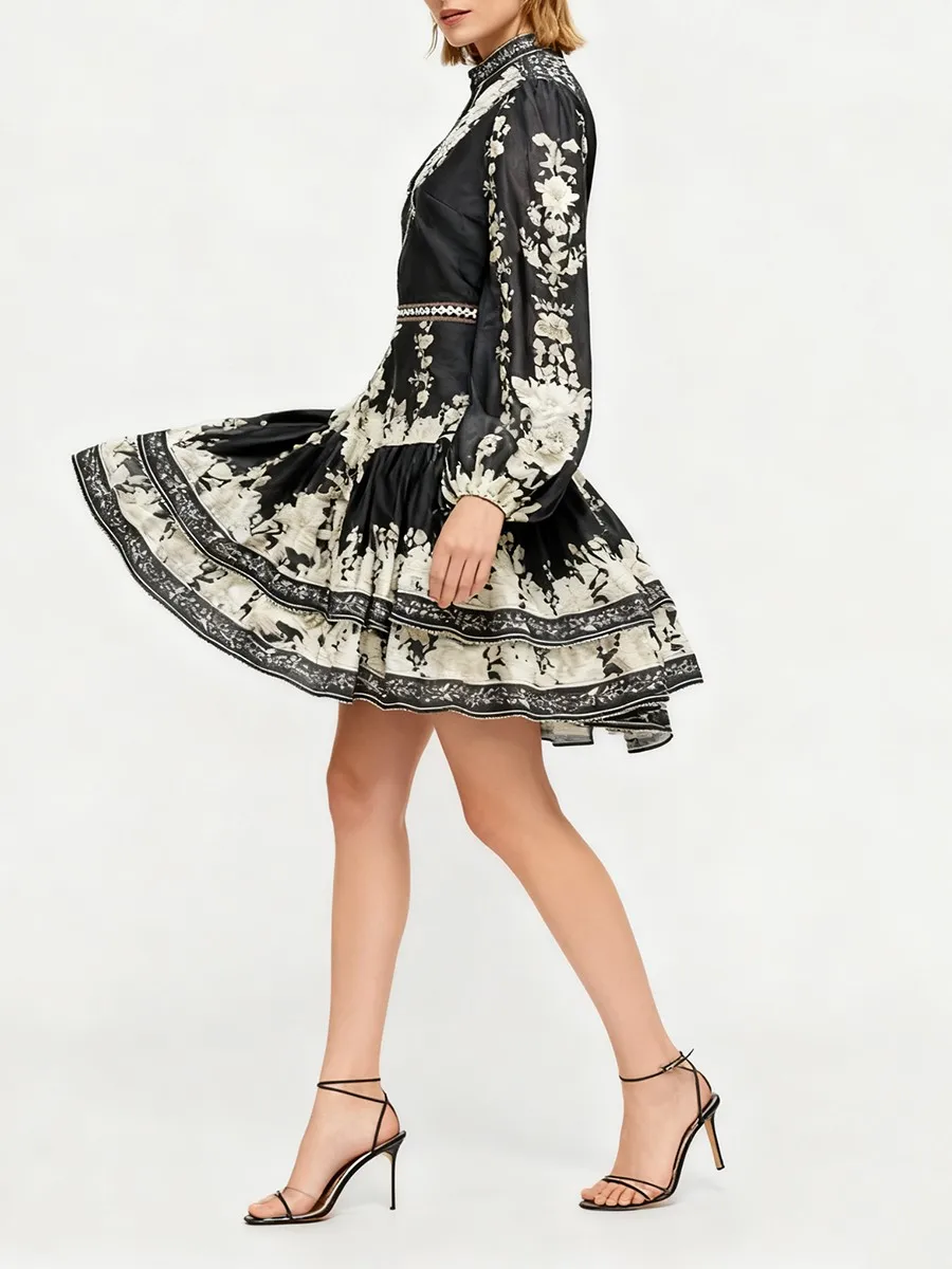 TWOTWINSTYLE, vestidos Vintage con estampado de colores para mujer, cuello en V, manga larga, cintura alta, Patchwork, volantes, pliegues, vestido femenino