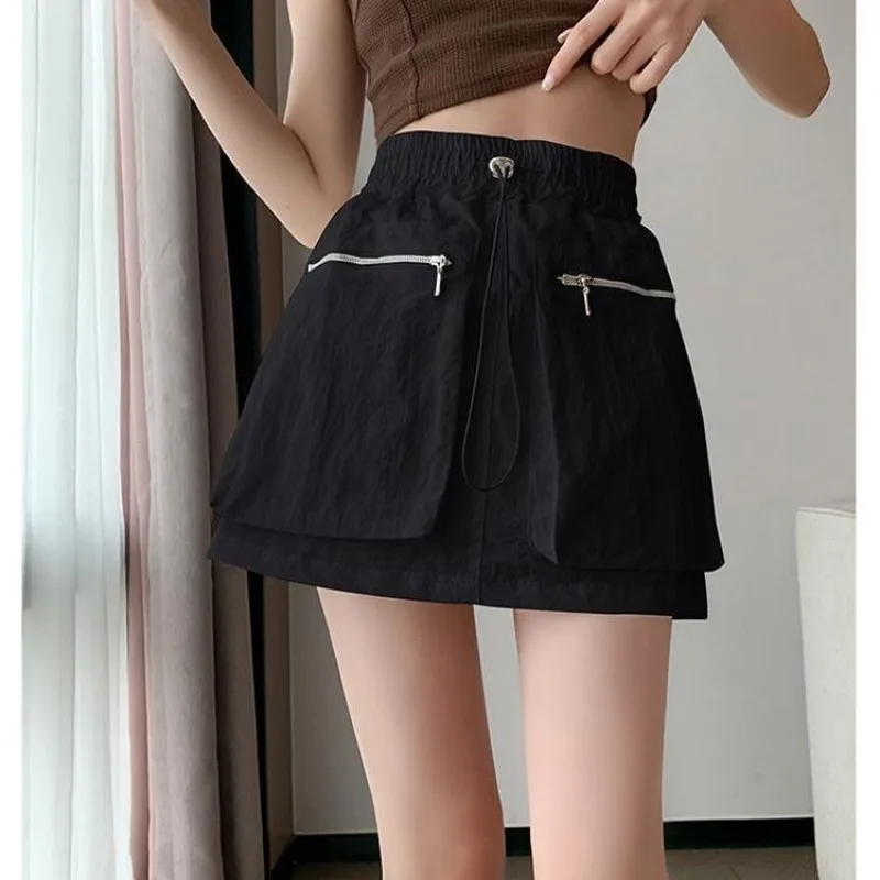 High Waist Drawstring Summer Women Short A Line Skirt Vintage Casual Cargo Big Zipper Pocket Skirt with Safety Shorts Hip Skirts