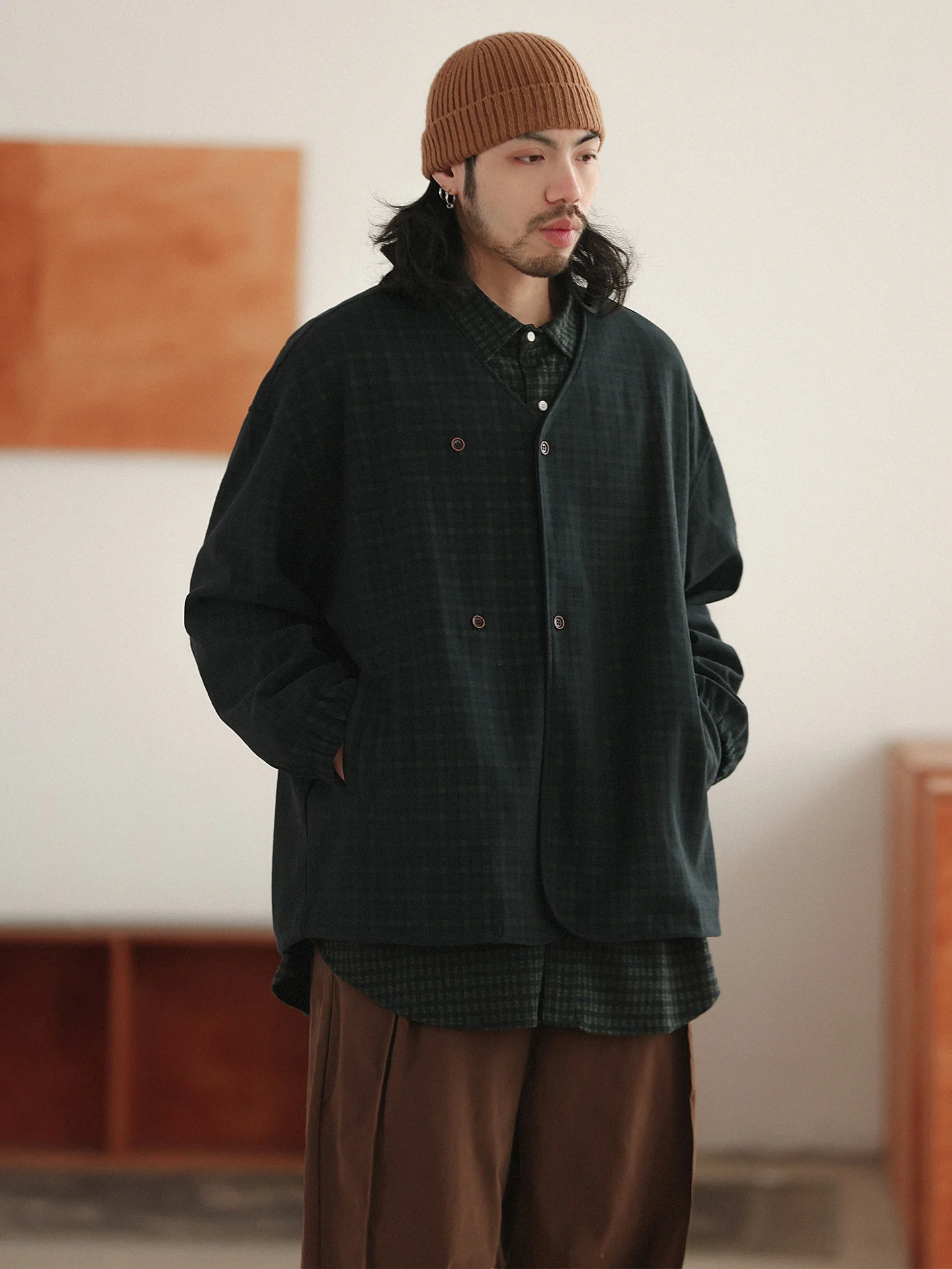 

Noears Winter Vintage Sle Loose Long Sve No Collar Commute Coat Warm Plaid Outerwear for Men Casual Faion Polyester Blend