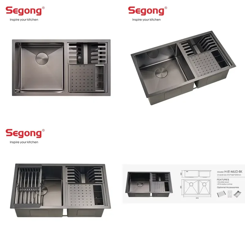 Anti-Scratch Handmade Complete Whole Set Kitchen Sink Stainless Steel Double Bowl with Faucet Dish Rack/Colander Fork Spon