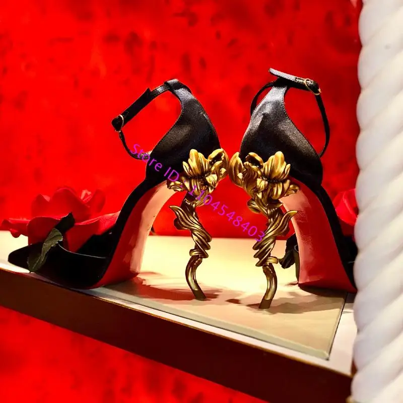 

new arrive black red big flower high heel pointed dress shoes gold branch shape high heel red rose pointy buckle sandal