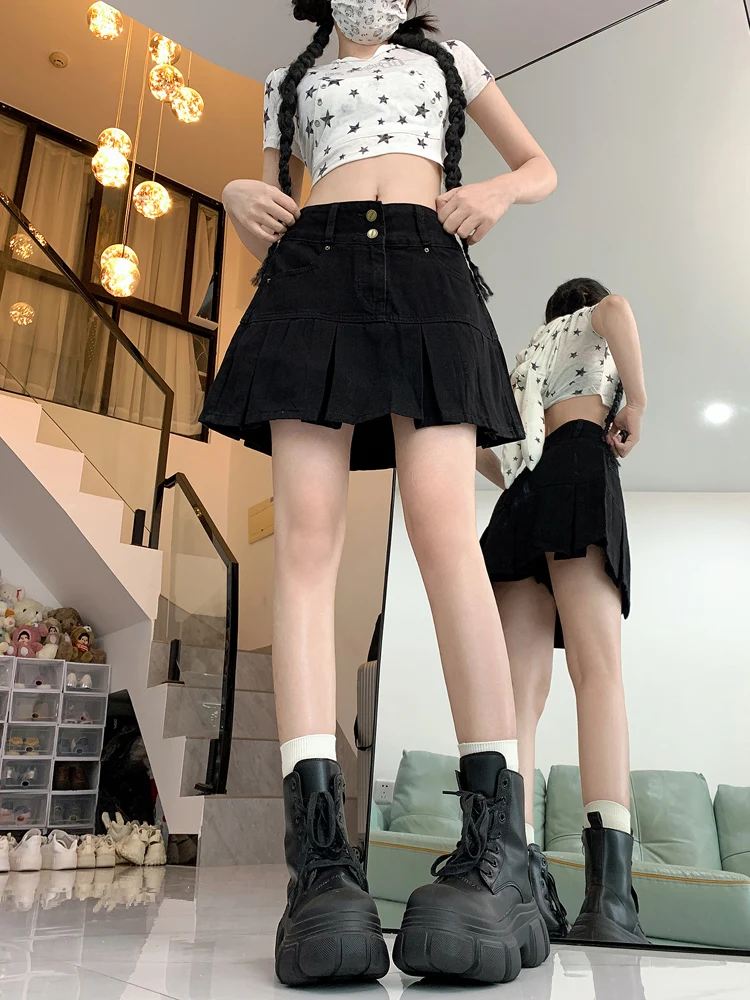 

High Waist Pleated Denim Skirt Women's plus Size Autumn Vintage A-Line Skirts Belly Covering Slimming Pear aped