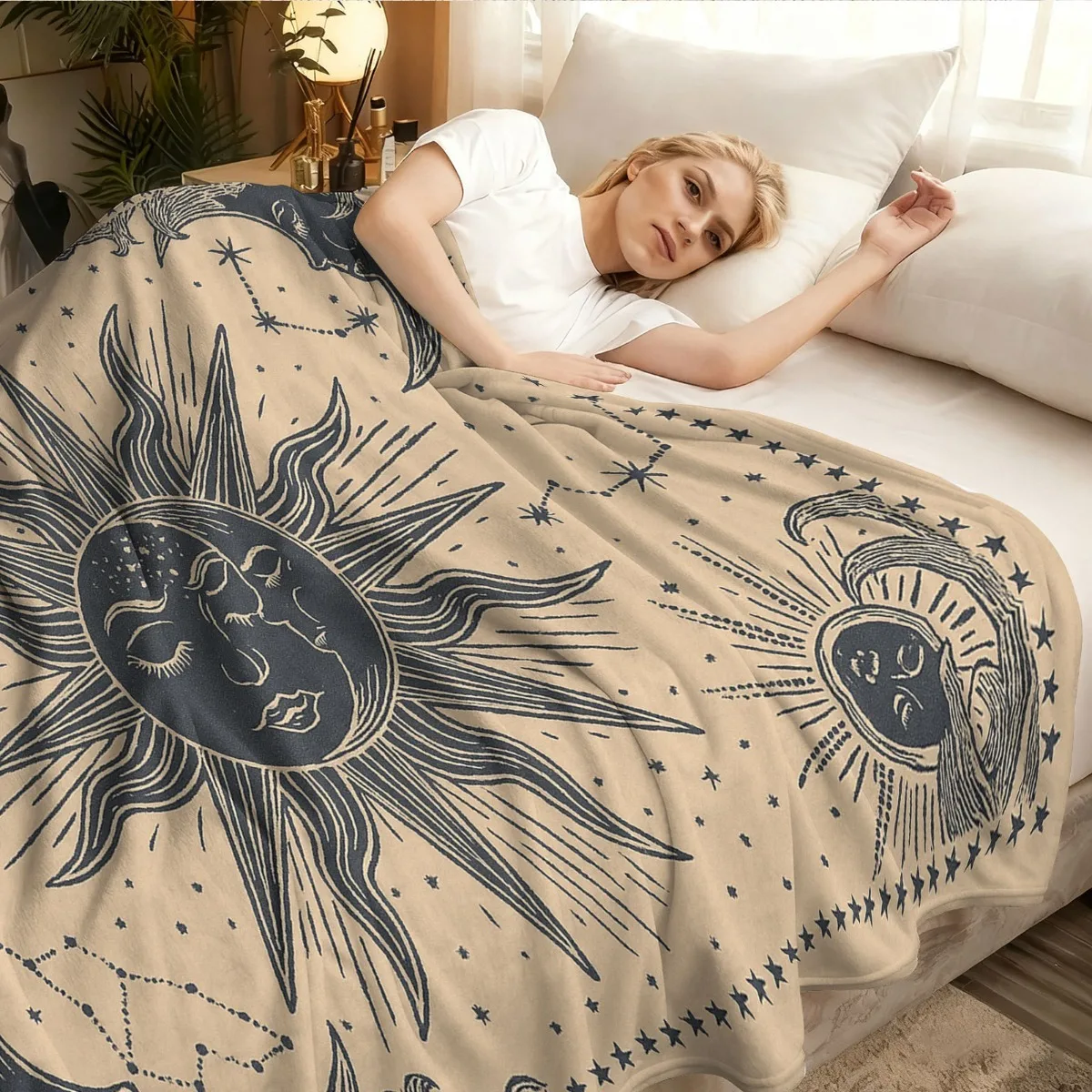Popular Recommendation: Bohemian Style Outdoor Blanket with Black and White Sun and Moon Pattern - Picnic Blanket, Camping Blank