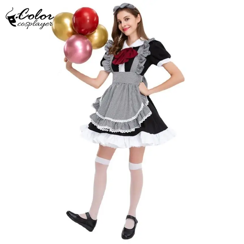 Colore Cosplayer Grigio A Scacchi Cameriera Vestito Carnevale Anime Cospaly Costume Lolita Abito a Maniche Corte Servo Indossare con Grembiule