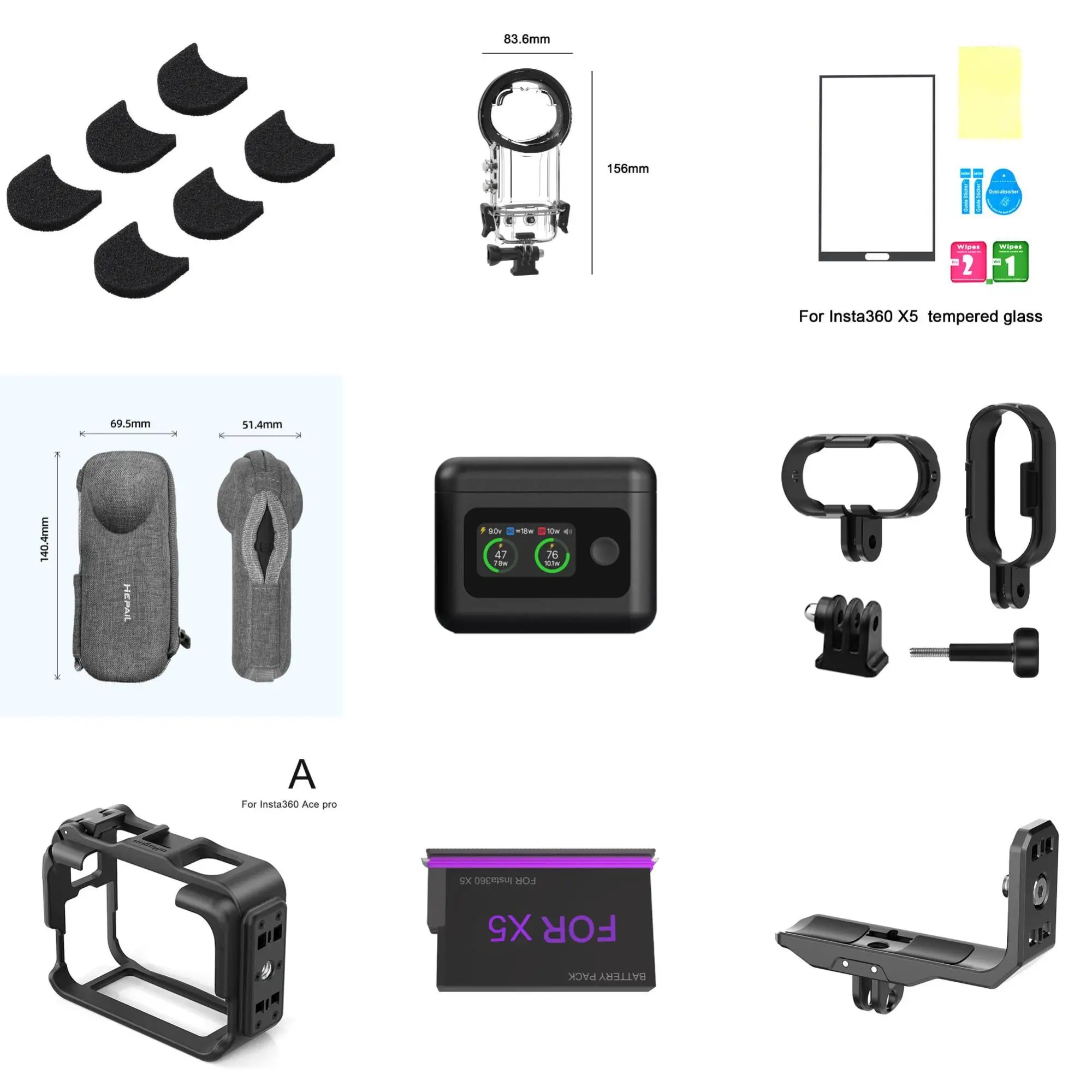 قابلة للشحن بطارية ليثيوم أيون حزمة واقية مقاوم للماء شل غطاء إطار بلاستيكي HD فيلم لملحقات كاميرا Insta360 X5