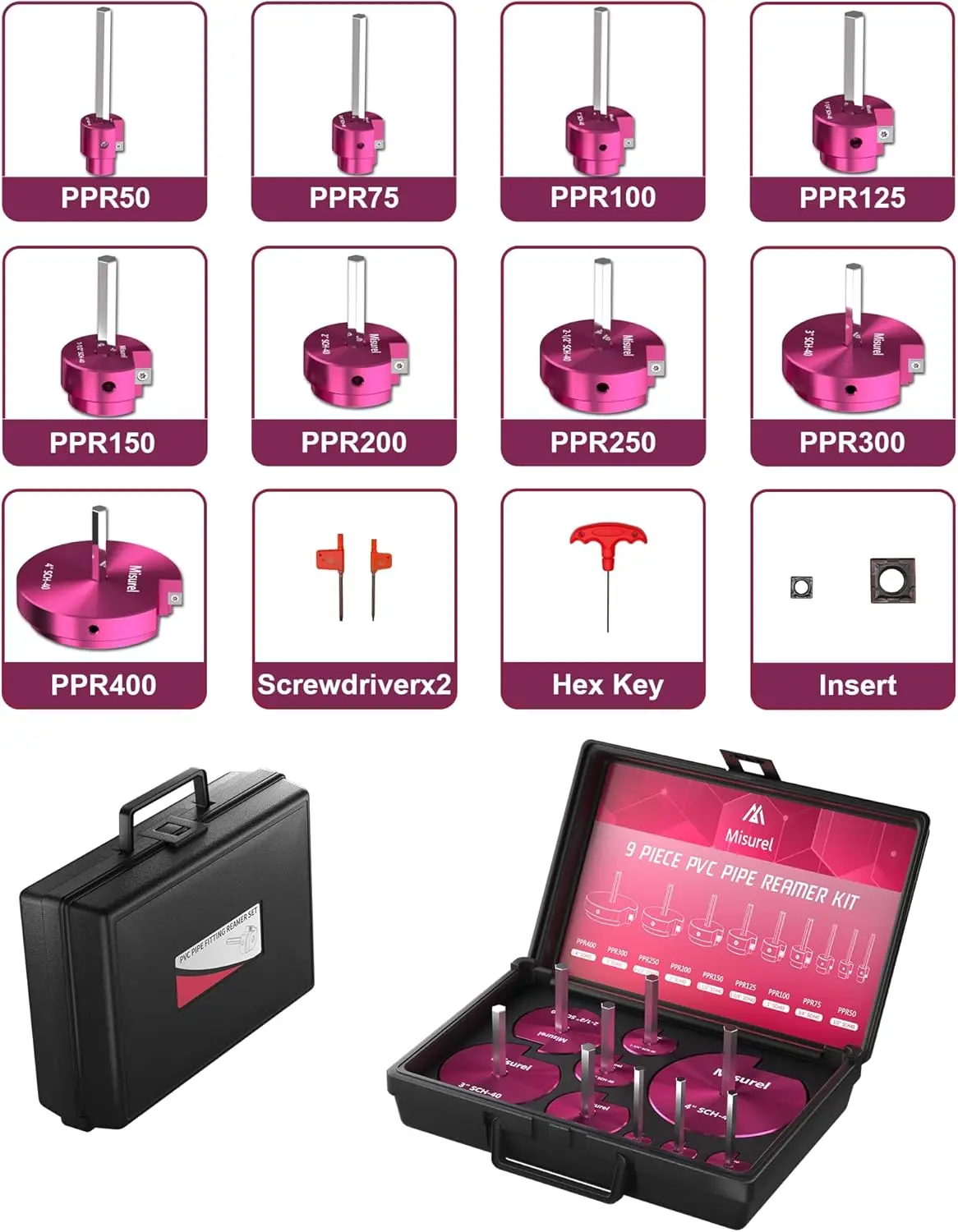 Kit de reamer de tubo de PVC de 9 peças com 1/2 polegadas, 3/4 polegadas, 1 polegada, 1-1/4 polegadas, 1-1/2 polegadas, 2 polegadas, 2-1/2 polegadas, 3 polegadas, 4 polegadas, 2 inserções de carboneto