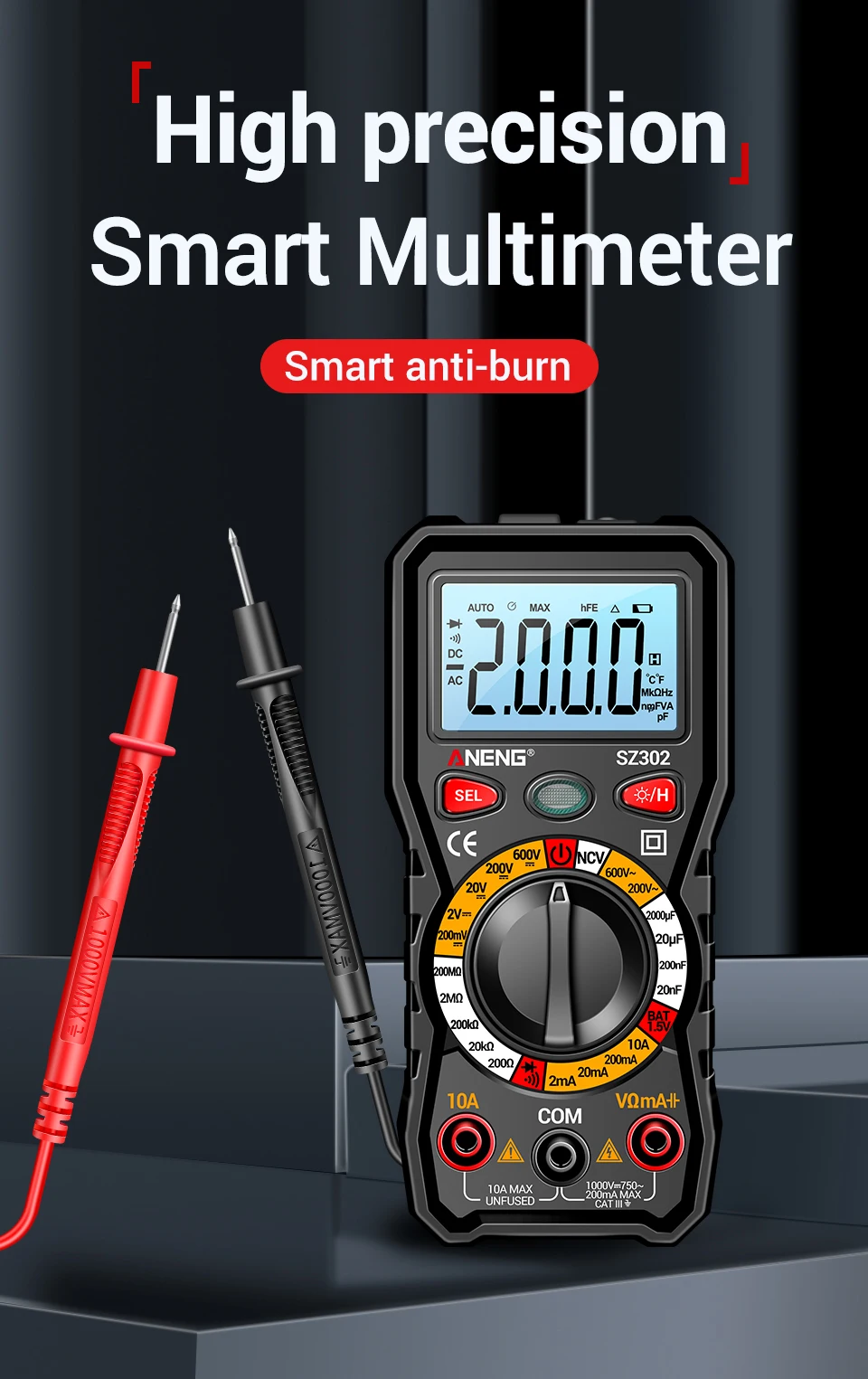

Цифровой мультиметр ANENG SZ302: автоматический тестер напряжения и тока AC/DC, 2000 измерений, детектор NCV, измерение сопротивления (Омметр), амперметр, измерительный прибор.