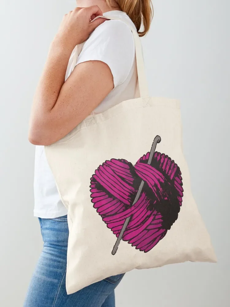 Cute Pink Heart Ball of Yarn and Crochet Hook Hooked Tote Bag personalized tote Cloth bags Large bags for women