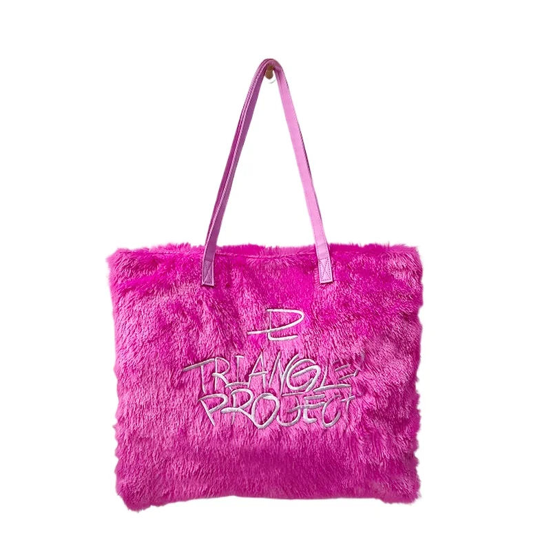 

Плюшевая ручная большая сумка большой емкости с вышивкой букв, женская сумка на одно плечо из искусственного меха, розовая меховая сумка Y2k