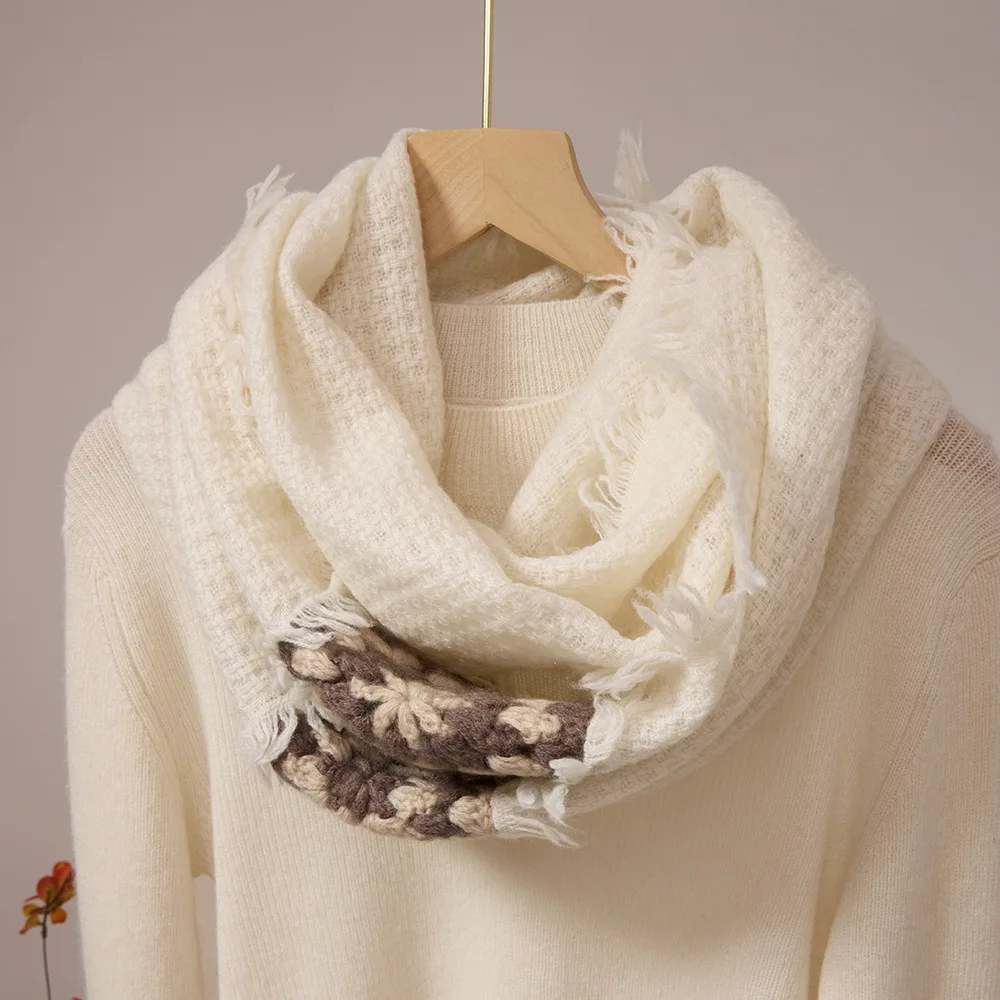 

Кашемировый шарф-накидка с кисточками, вязаный крючком, с необработанным краем