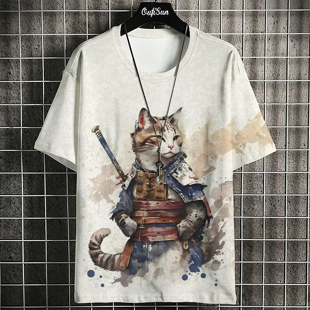 

3D Samurai Cat T-Shirt For Men Summer Trendy Japanese Short Sleeve Tees Oversized Streetwear Casual Sweatshirt Male Clothing Top