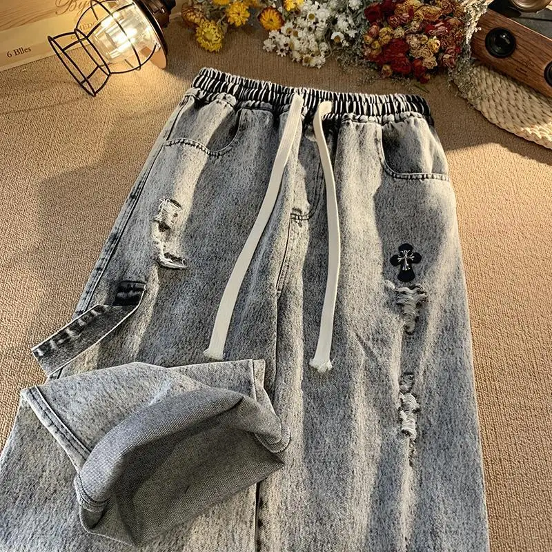 

Jeans Men Women Ripped Trousers Handsome Design Drawstring High Street Hip Hop Casual Straight Fashion Ins Harajuku Baggy All-ma