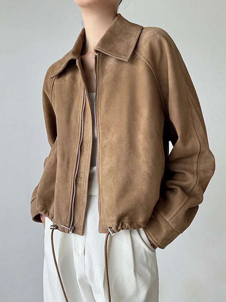 Vintage Genuine Leather Cropped Jackets for Women Spring Autumn 2025 New High-end Simple Looses Real Sheepskin Suede Coat