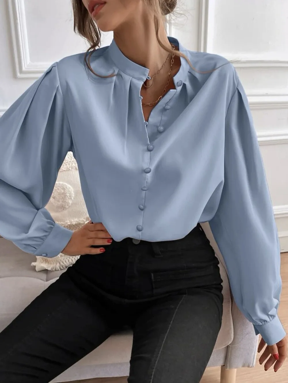 Jesienne eleganckie koszule zapinane na guziki z dekoltem w szpic dla kobiet z długim rękawem Office Casual Business Plain Blouses Tops