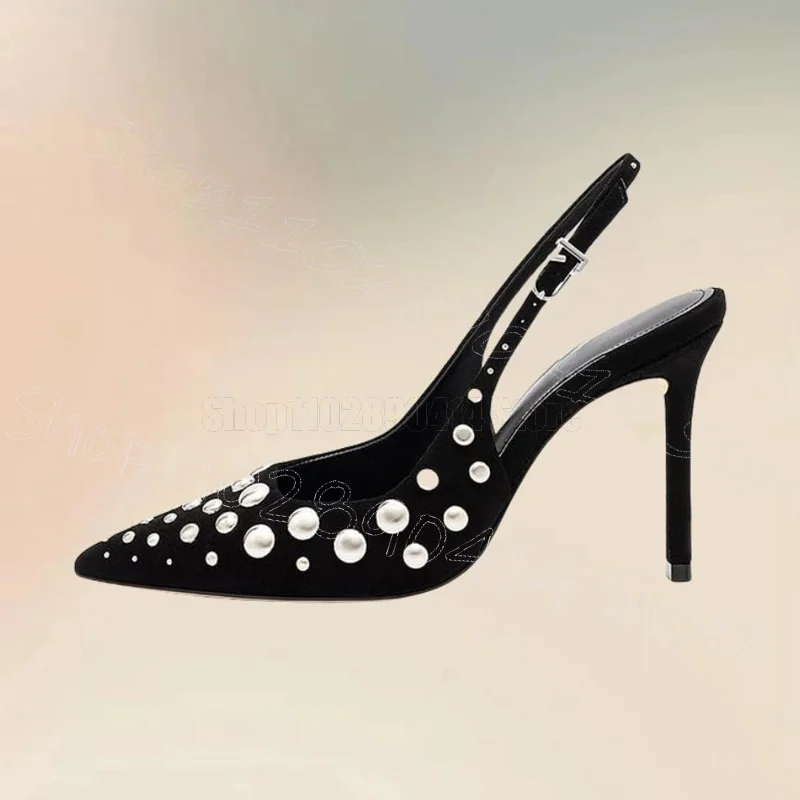 

Metal Round Rivets Black Pointed Toe Pumps Buckle Strap Women Shoes Thin High Heels Sexy Party Banquet 2026 Zapatos Para Mujere