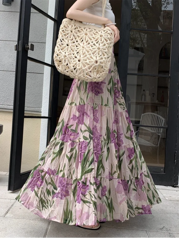 

Элегантная женственная длинная юбка из шифона с цветочным принтом и драпировкой, летняя винтажная юбка-миди с завышенной талией для стройности фигуры