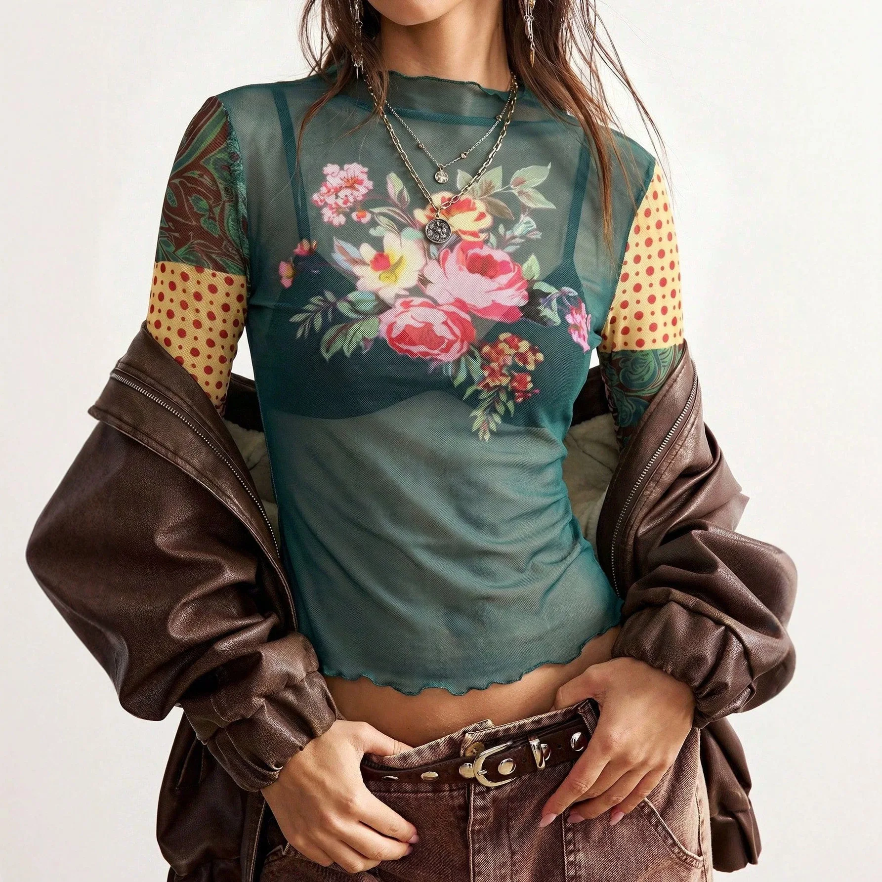 2026 Autumn. New Mesh Print Smart Fit Top With Ruffled Long Keys And Stiglich Design T-shirt Dress Elegant Outfits Maxi Clothing