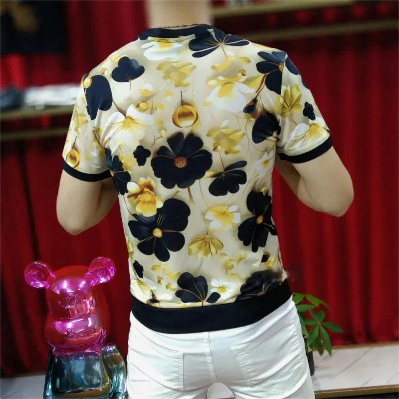 Luxury Thread Ice Silk T-shirt Men Summer Short Sleeve Retro Floral Print Casual Slim Round Neck T-shirts Social Party Tee Tops