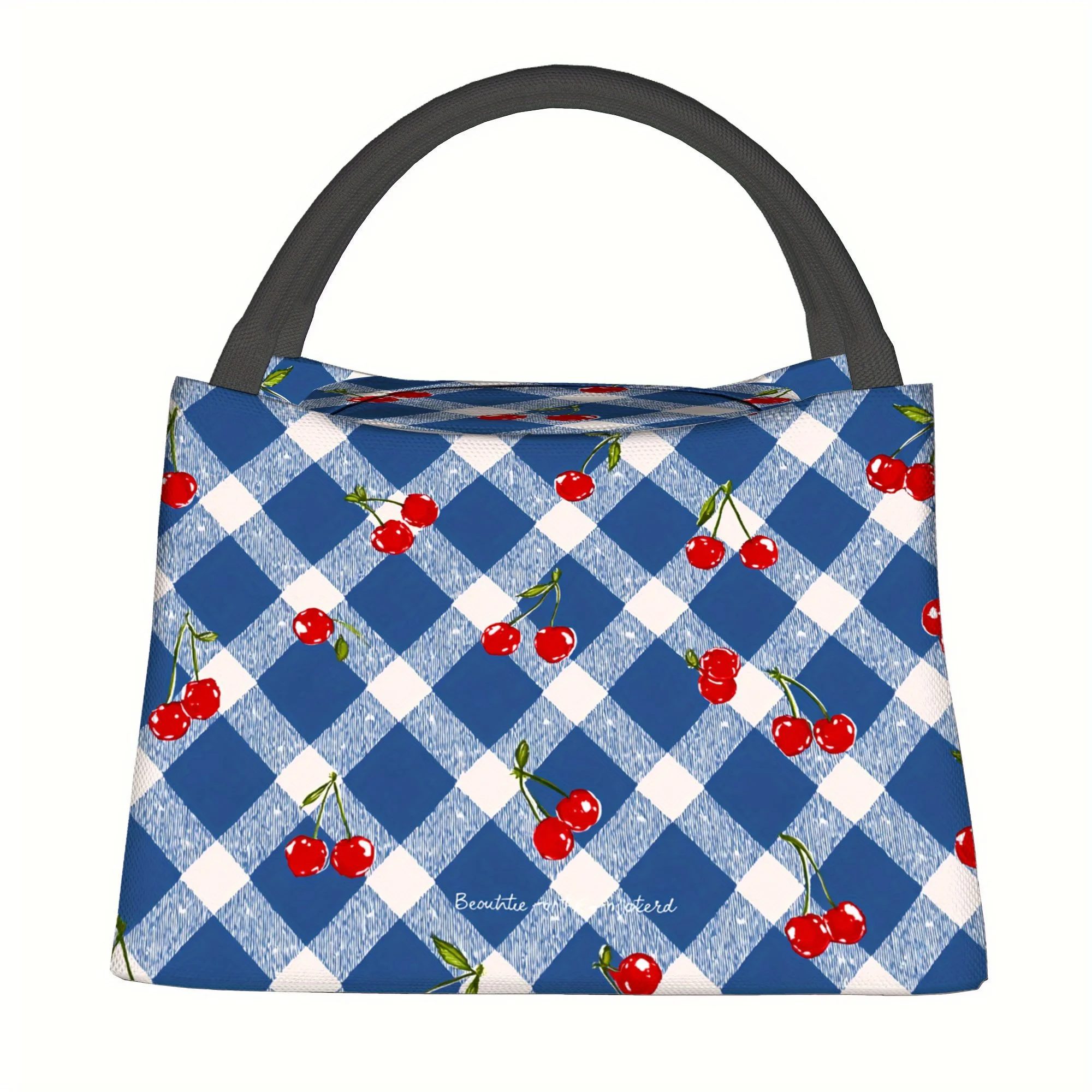 1pc a Thermal Bag Featuring Cherries on a Blue Checkered Background. This Insulated Bag Is Not Intended for Direct Food