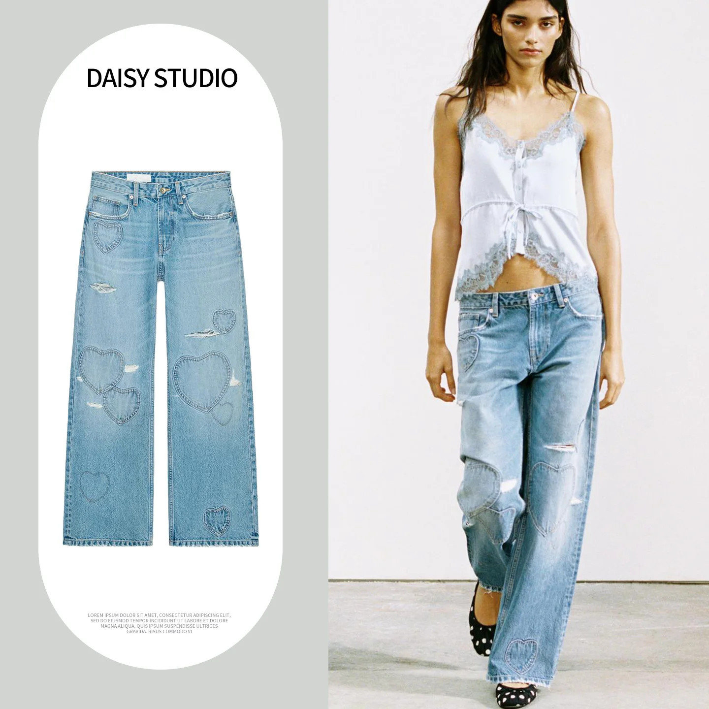 

Spring New Women's Long Mid-Waist Heart Patched Hole Decorated Boyfriend Sle Jeans Denim Pants Straight Leg Fit Polyester