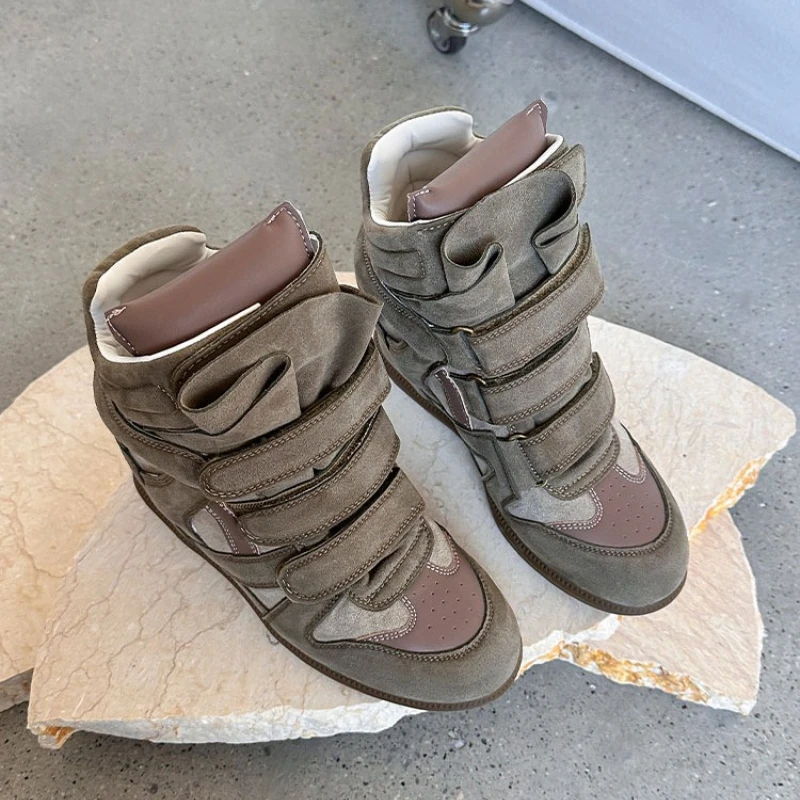 

Fashionable Wedge Sneakers Genuine Leather Women's European and American Street Short Boots 8cm Thick Sole Velcro Casual Sneaker