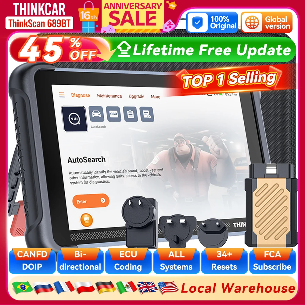 

THINKCAR THINKSCAN 689BT Профессиональный автомобильный диагностический инструмент CANFD DOIP Двунаправленное кодирование ЭБУ 34 Сброс Полный системный сканер Obd2