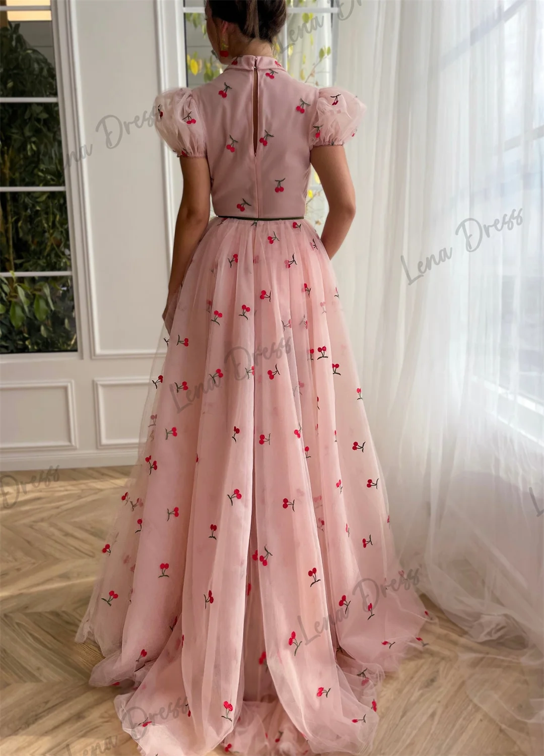 Lena-2024 Pink sheer cherry long sleeved and ground back zipper suitable for various occasions, ball and evening dresses