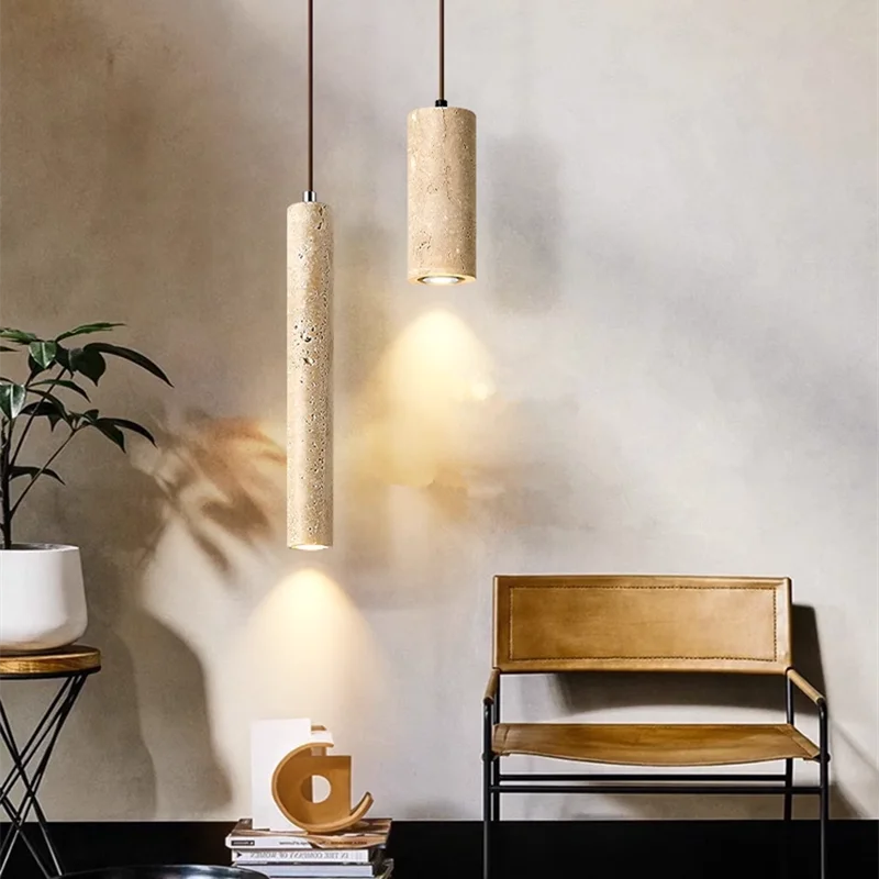 

Yellow Travertine Pendant Light Japanese Style Wabi-sabi Lights retro cylinder lights Homestay decoration Bedroom Bedside Light