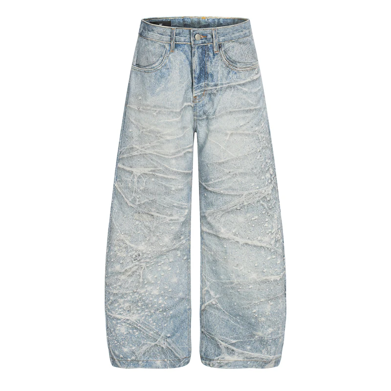

Printed Heat-melting Rhinestone Ink Splash Starlight Men's Jeans Blue American Style Streetwear Denim Scimitar Pants