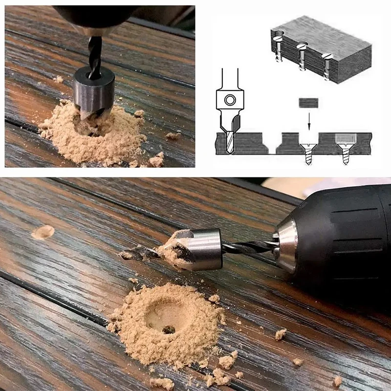 Set di punte da trapano per svasatore alesatore per carpenteria smusso foratura per alesatura con gambo tondo foro per vite trapano strumento per la