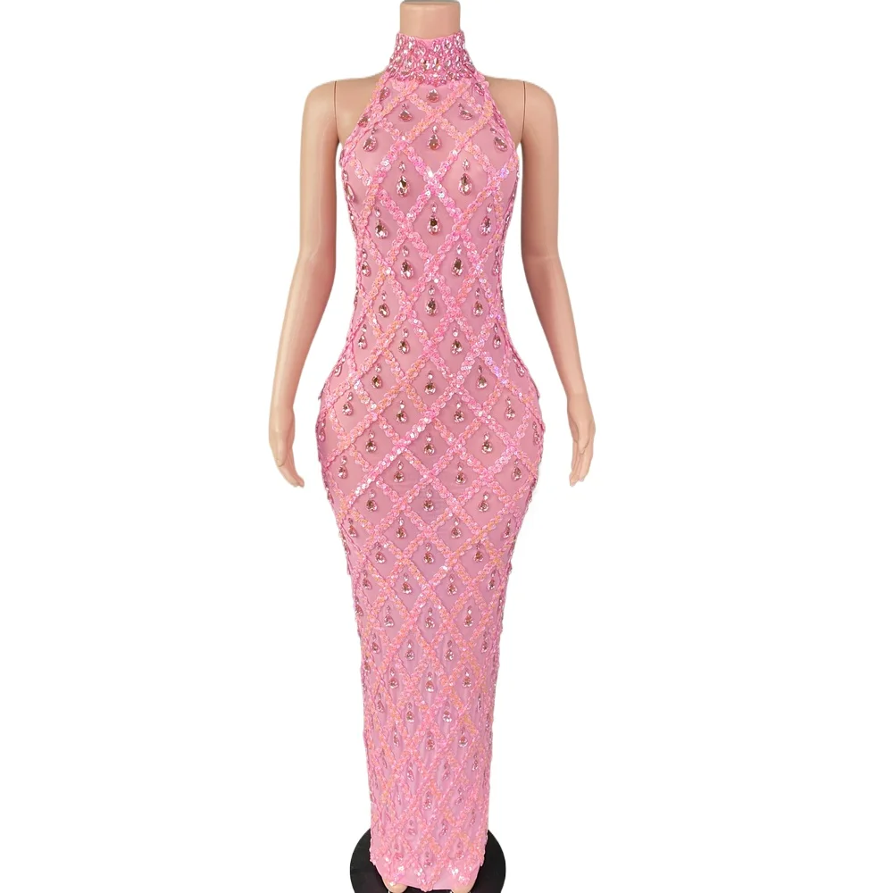 

Sparkly Pink Sequins Diamonds Sleeveless Long Dress Women Elegant Celebrate Evening Wedding Prom Birthday Dress Photo Shoot Wear