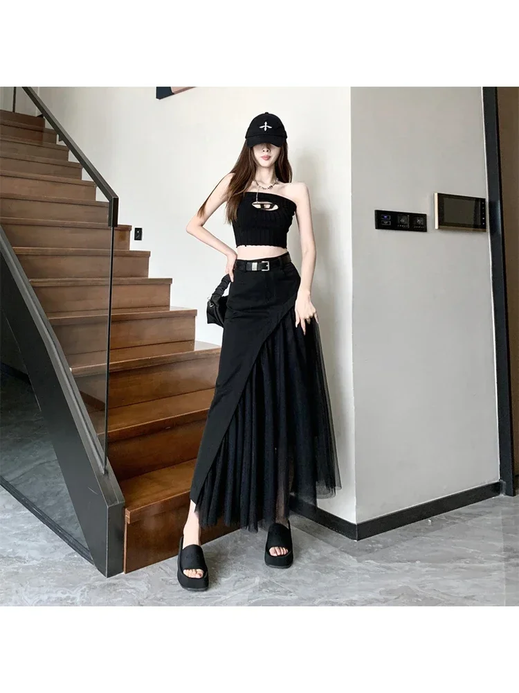 Women Patchwork Black Gothic Skirt Harajuku Korean Y2k Long Skirt Fashion Streetwear Vintage A-line Skirt 90s Emo 2000s Clothes