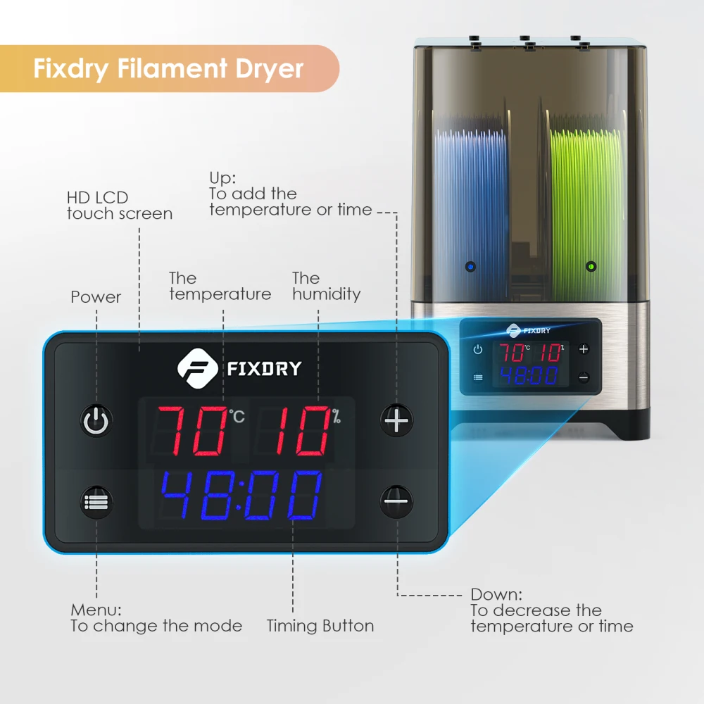 FIXDRY PTC Heater 3D Printing filamento Dryer Box 110V-220V 100W umidità in tempo reale Monit grande scatola di immagazzinaggio di filamenti