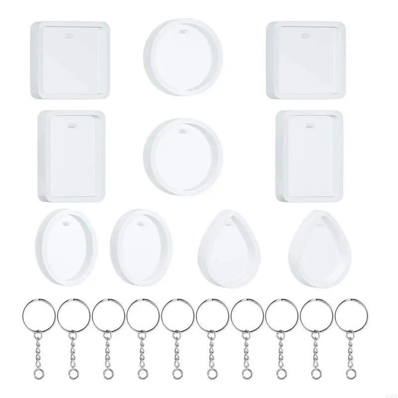 L5BF 20 Pcs/Set Water Drop Round Square Oval Resin Casting Molds Keychain Pendants with Hanging Hole Crystal Epoxy Resin Mold