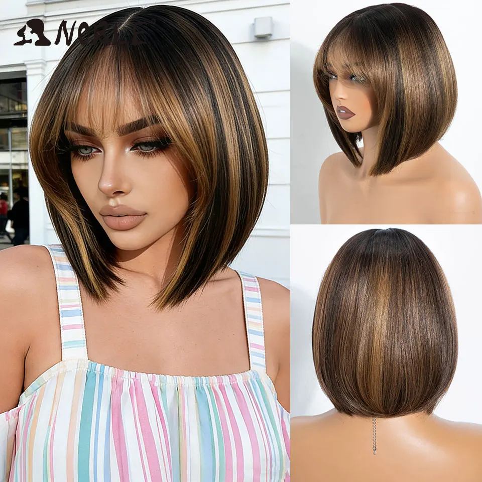 NOBLE 10 Zoll lange, gerade, synthetische Perücke mit Lace-Front und Pony, kurze Bob-Perücke für Damen, Ombré-Braun, hitzebeständig, für den täglichen Gebrauch. – Detail 1