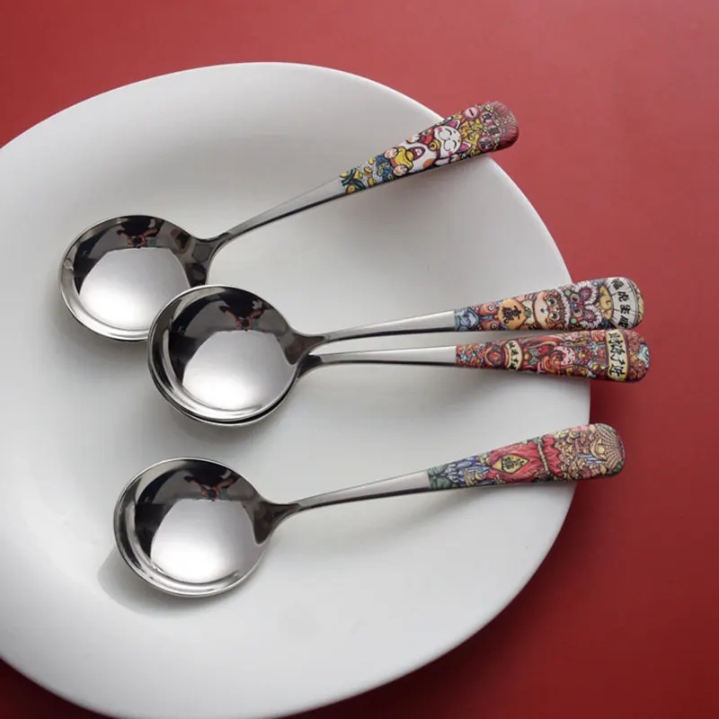 Stainless Steel Spoon Long Handle Soup Spoon Chinese Style Fortune Cat Spoon Tea Spoon Milkshake Coffee Spoon