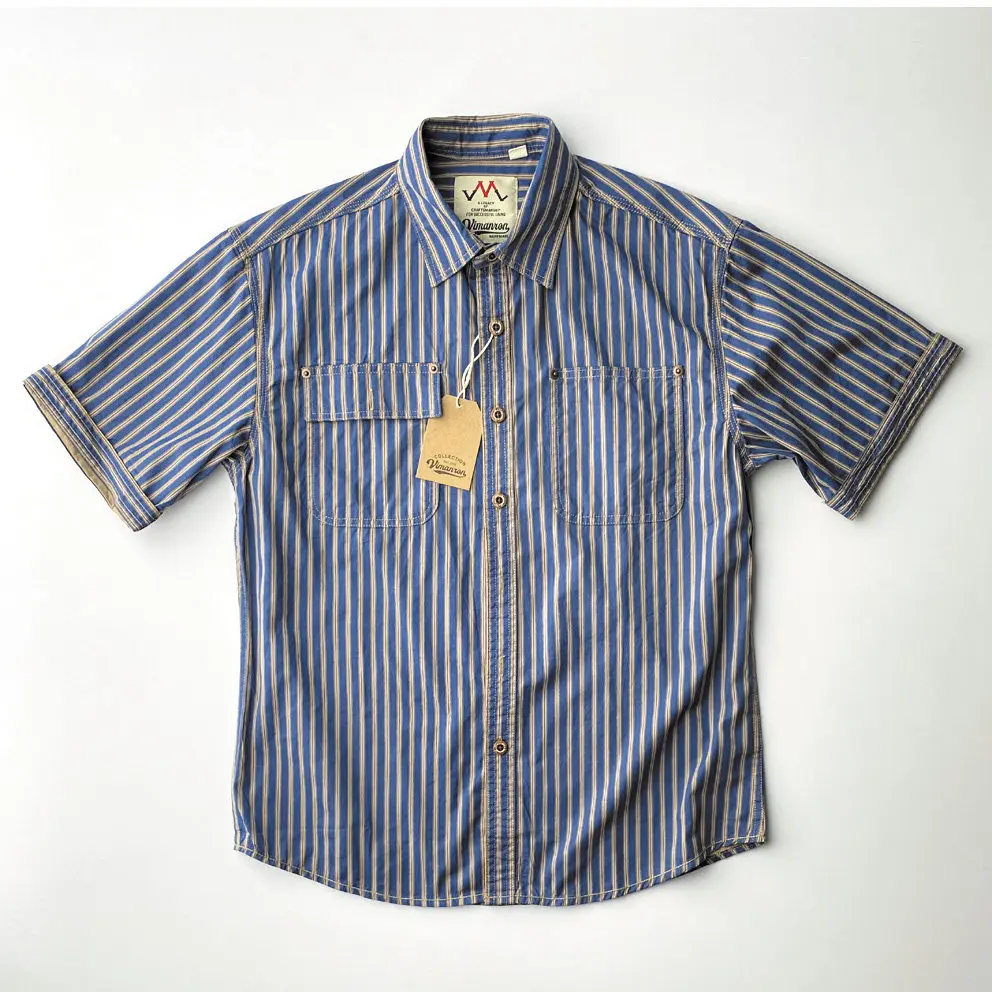Summer New Japanese Retro Short Sleeve Lapel Striped Cargo Shirt Men's Simple 100% Cotton Washed Double Pocket Casual Loose Tops