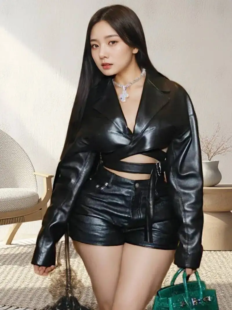 

PU Hipster Leather 2 Piece Set Women Fall Trend V-Neck Cross Sash Sexy Crop Tops+Shorts Matching Streetwear Outfits LMX3