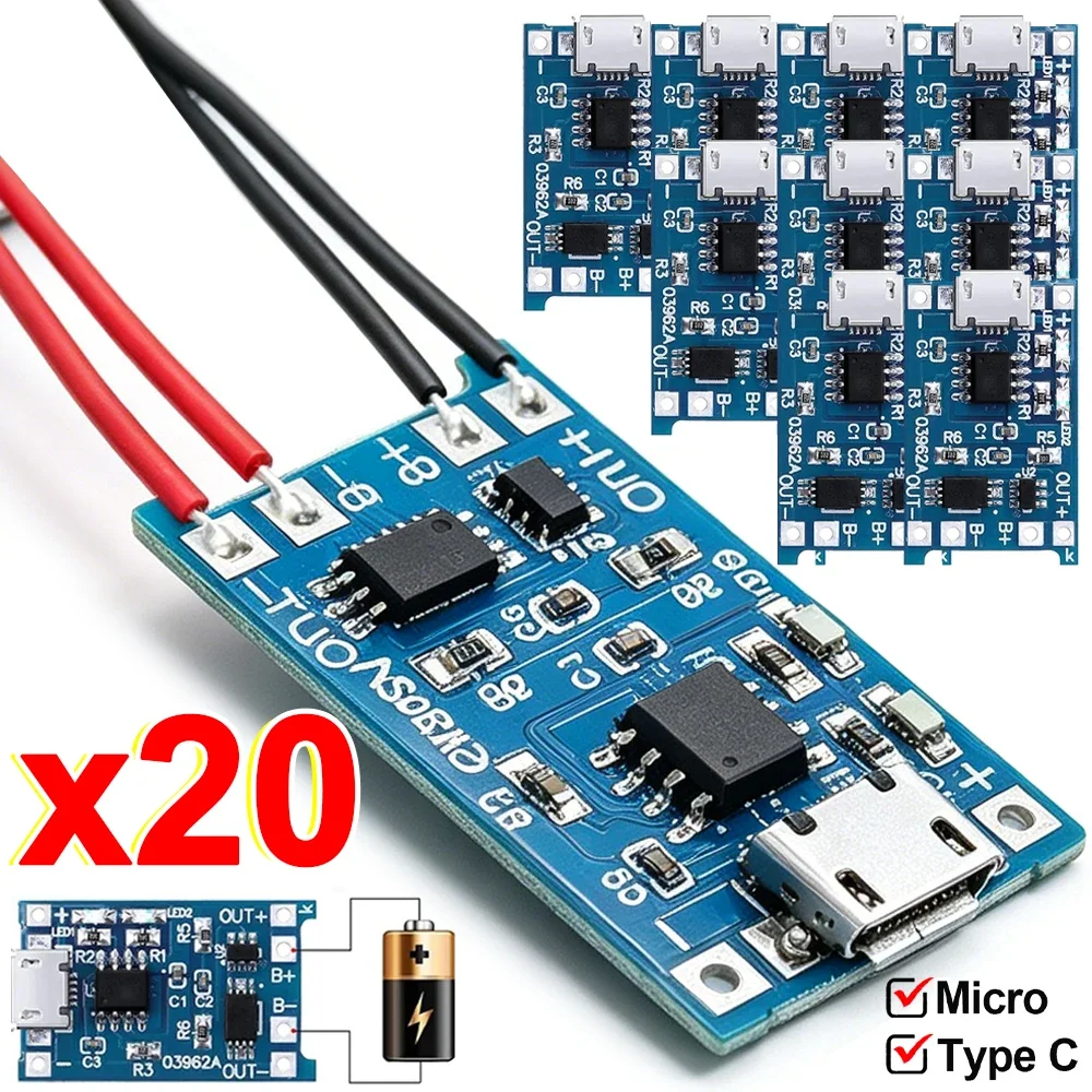 TP4056 1A 5V Lithium Battery Charging Board Module Micro USB/Type-c Interface Charging Protection for 18650 Lithium Battery