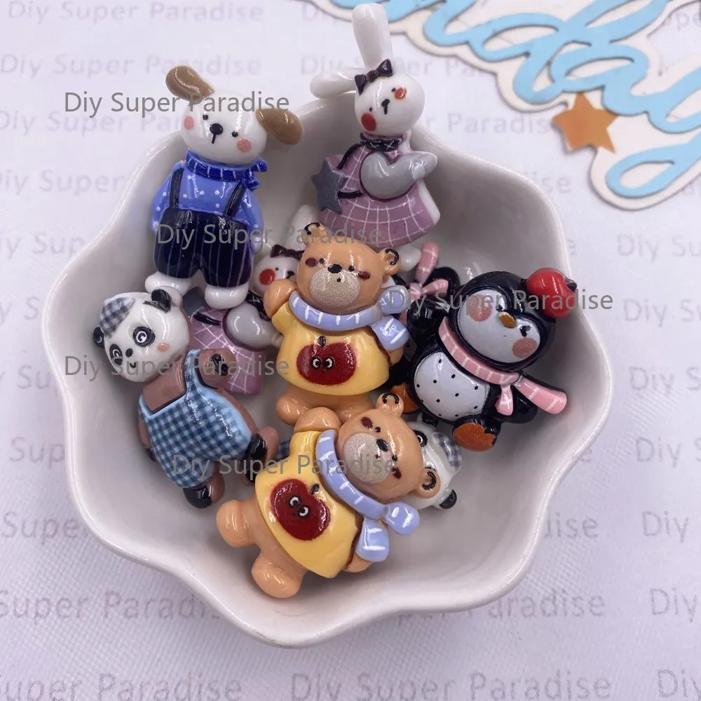 10 pçs resina colorido bonito panda coelho urso pinguim cão parte traseira plana pedra desenhos animados scrapbook estatueta diy decoração acessórios artesanato