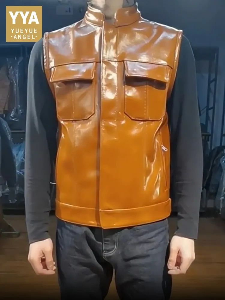 

Мужские мотоциклетные жилеты из натуральной кожи, большой размер 5XL, 6XL, 7XL, воротник-стойка, жилет в стиле панк, тонкие куртки без рукавов из масляного воска из воловьей кожи