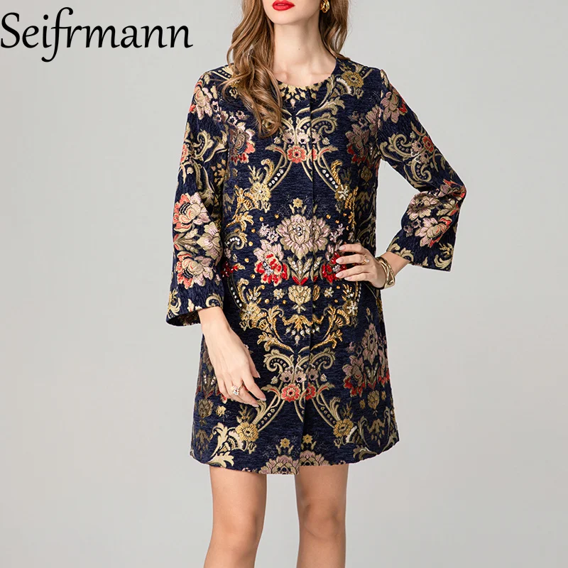 

Seifrmann Jacquard fabric loose long sleeved round neck vacation camping casual women's fashionable dress