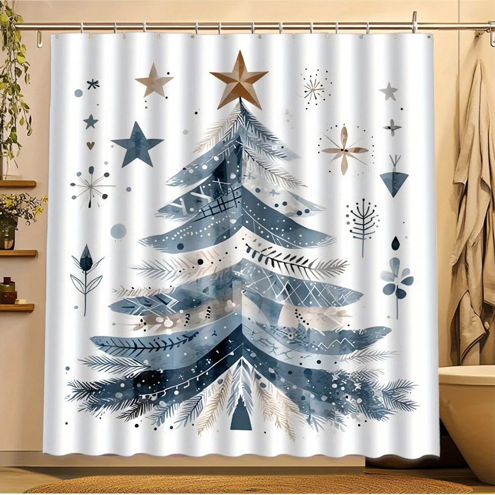 

1pc Geometric star and snowflake pattern shower curtain, polyester fabric, machine washable, suitable for bathroom decoration